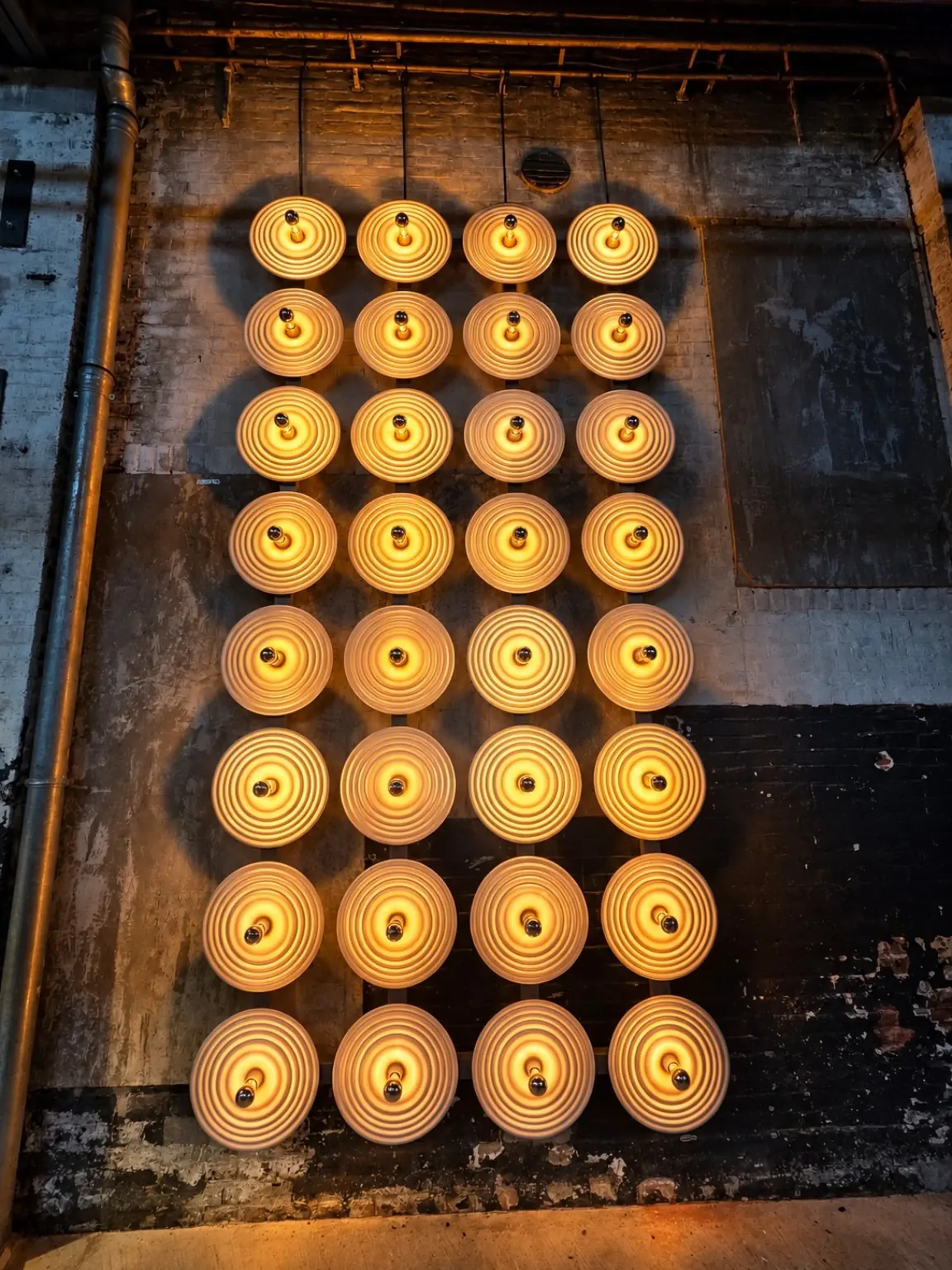 Frontaal overzicht van de lichtwand met warme ronde lampen op een bakstenen muur