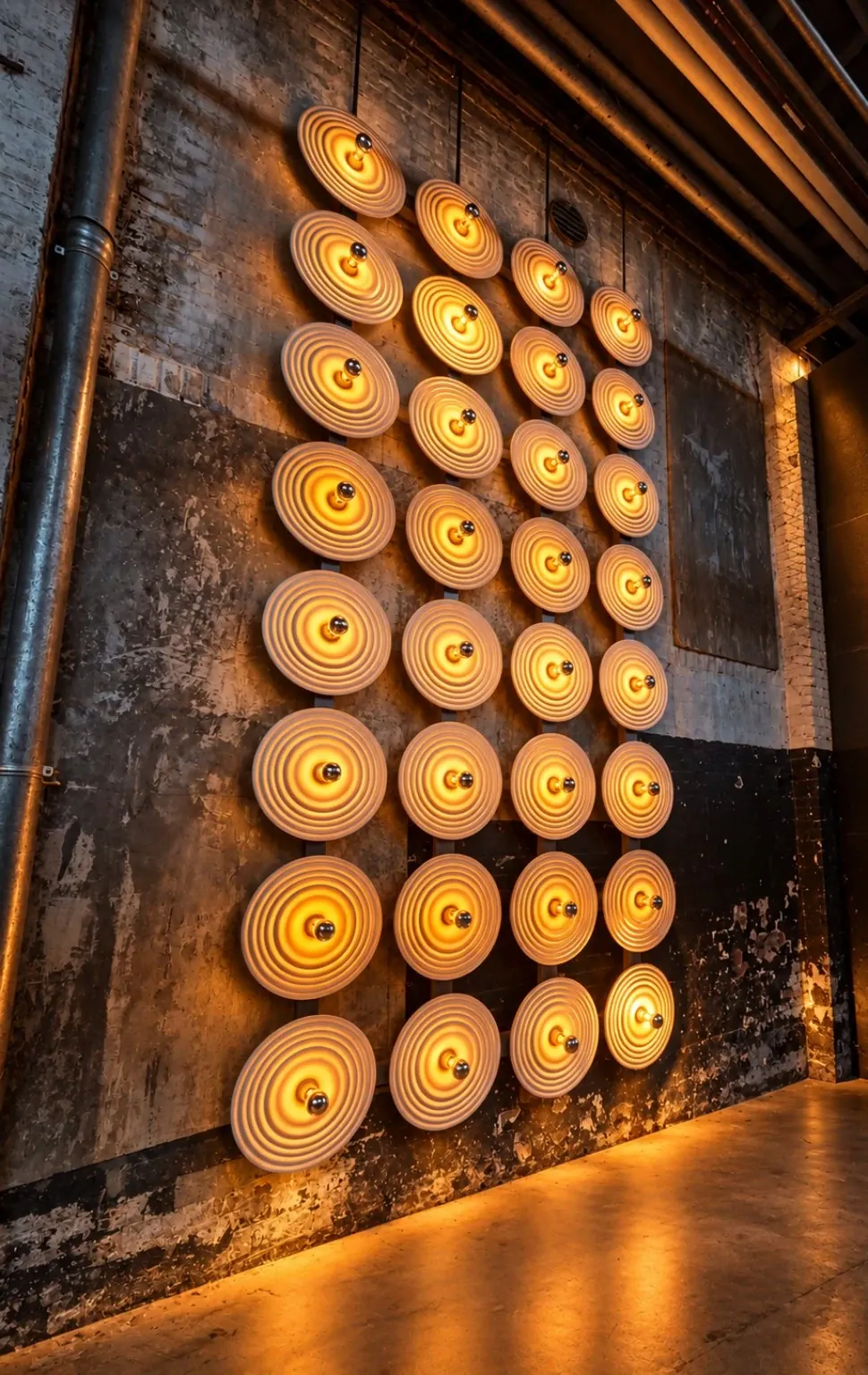 Lichtwand schuin gefotografeerd met warme lichtreflecties op de vloer