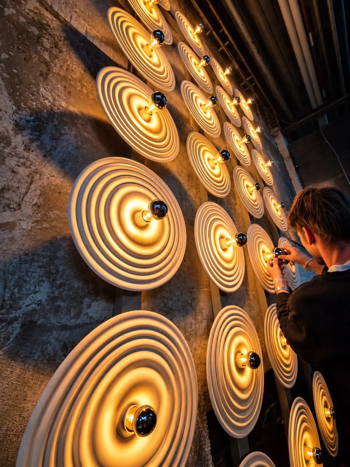 Detail van de lichtwand met iemand die een lamp aanbrengt